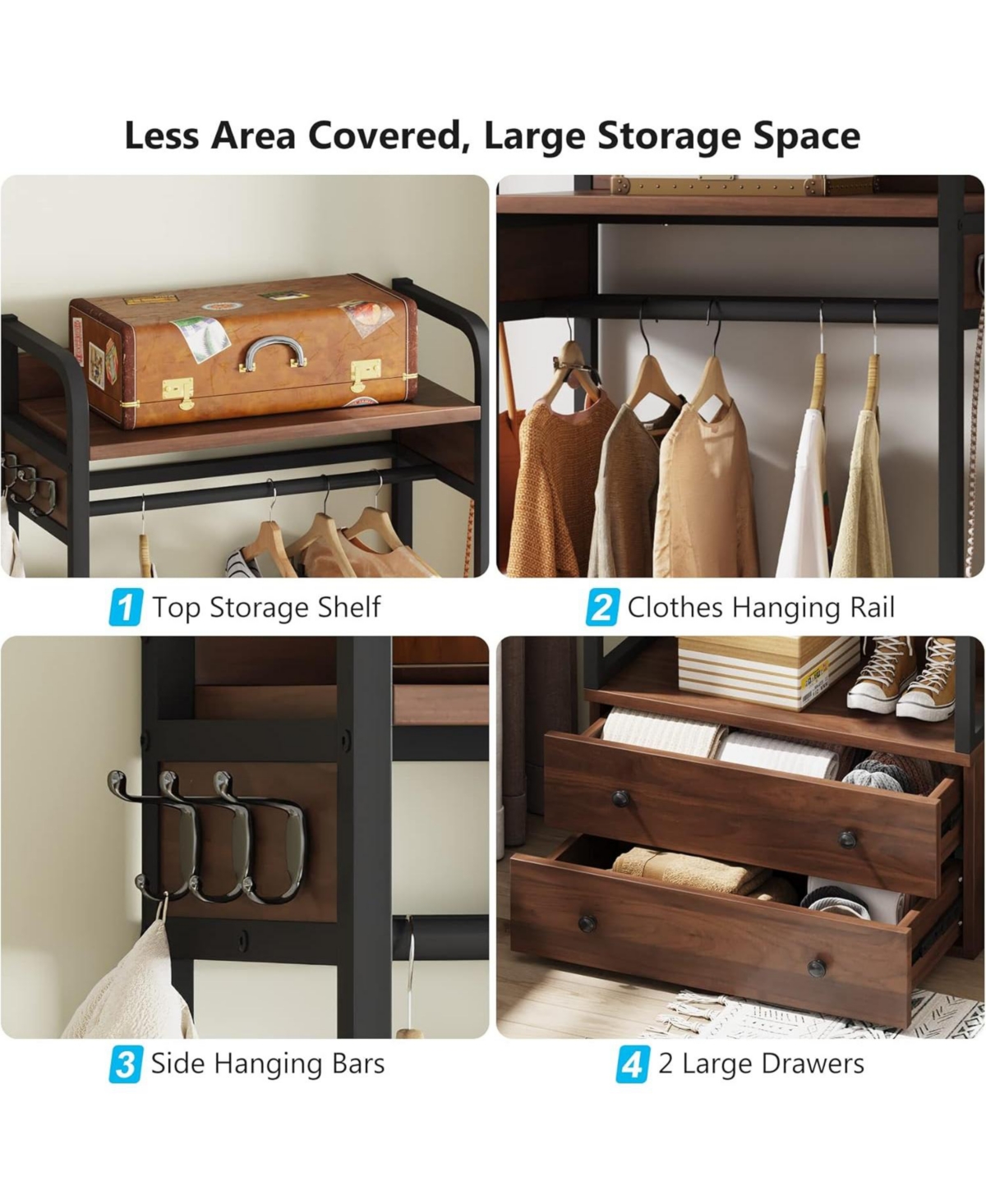 Tribesigns Freestanding Closet Organizer Small Clothes Rack With Drawers And Shelves, Heavy Duty Coat Rack Smal In Rustic Brown
