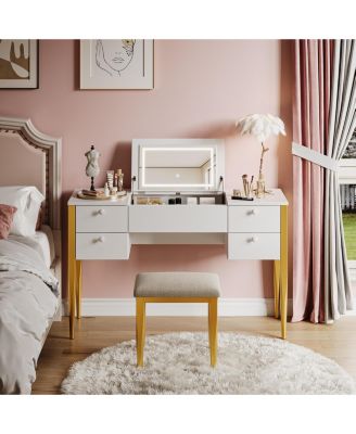 Makeup Vanity Desk with Flip Top Mirror and Lights, 47 3 in 1 Vanity Table with 5 Drawers