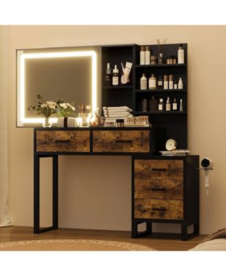 Vanity Desk, Makeup Vanity with Adjustable LED Lighted Sliding Mirror, Charging Station