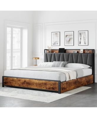 King Size Bed Frame with Storage Linen Upholstered Headboard, 4 Drawers Platform Bed Frame with Charging Station, No Box Spring Needed, Easy Assembly