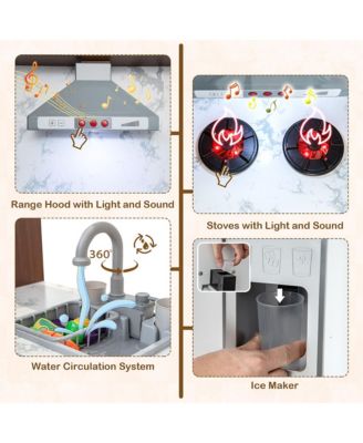Wooden Corner Play Kitchen w/ Lights & Sounds Water Circulation System for Kids