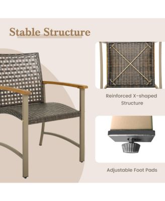 Outdoor Rattan Chair Set of 4 Patio PE Wicker Dining Chairs w/ Acacia Wood Armrests Balcony Poolside