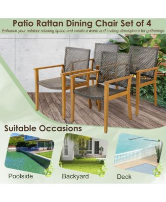 Outdoor Rattan Chair Set of 4 Patio PE Wicker Dining Chairs w/ Sturdy Acacia Wood Frame