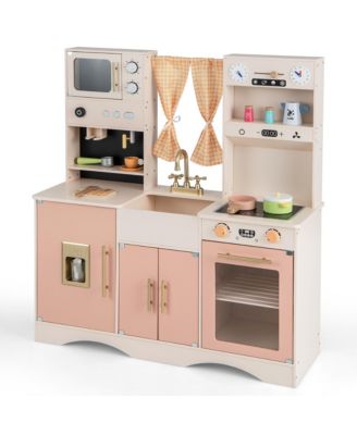 Kids Play Kitchen Pretend Playset w/ 2 Curtains & 16 Pcs Play Accessories Pink