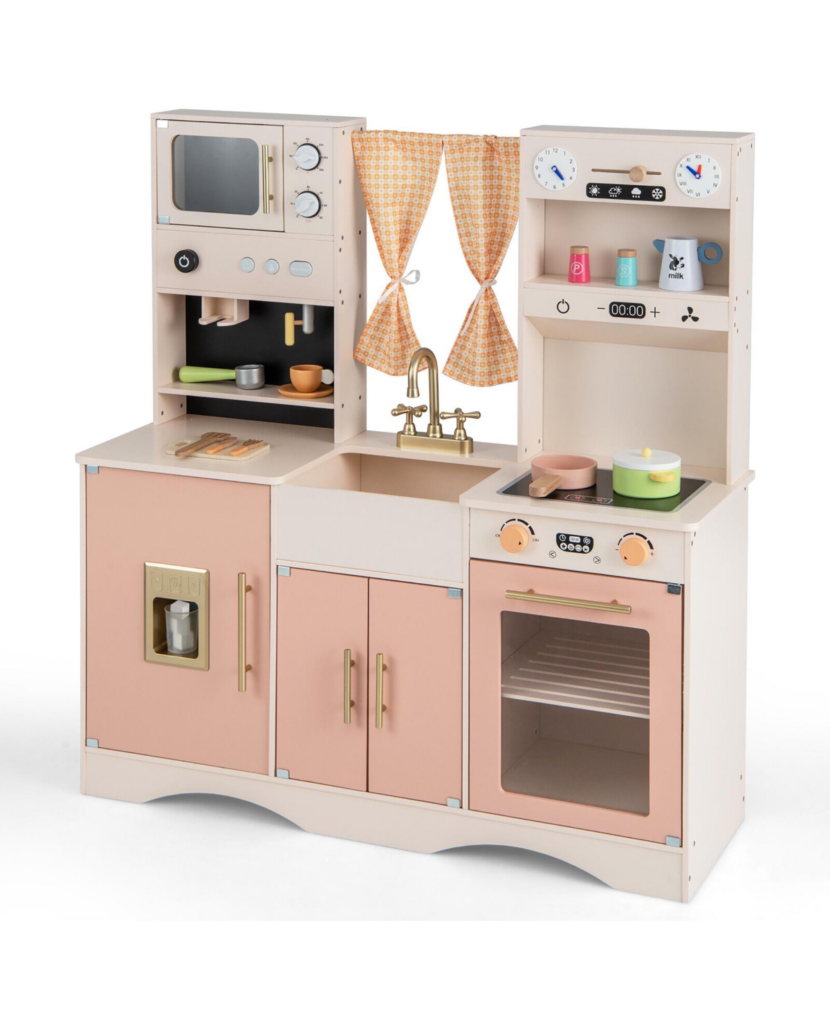 Gymax Kids Play Kitchen Pretend Playset w/ 2 Curtains & 16 Pcs Play Accessories- Pink