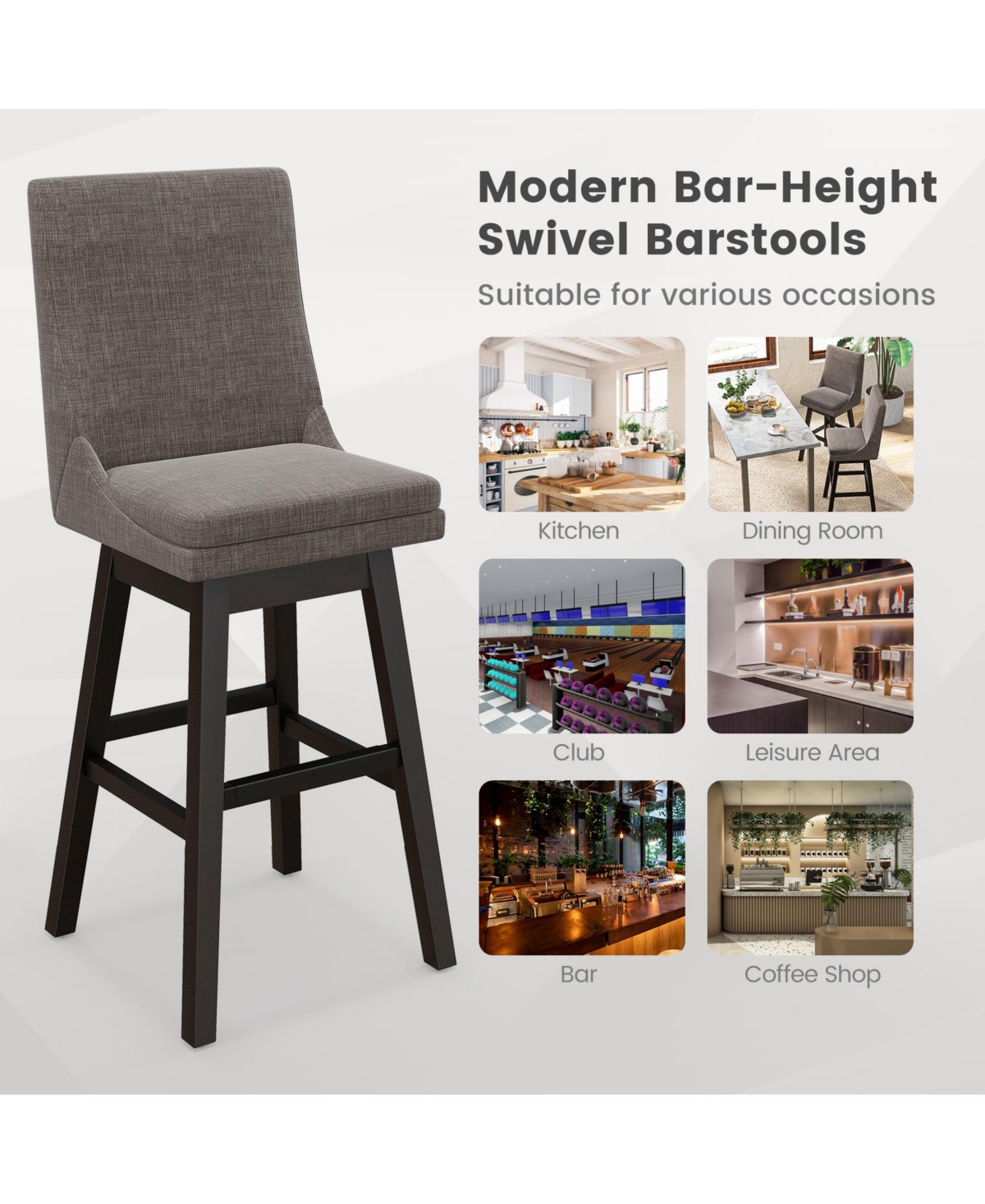 Gymax Set of 4 30.5'' Upholstered Linen Swivel Barstools Dining Chairs w/ Rubber Wood Legs - Grey + black