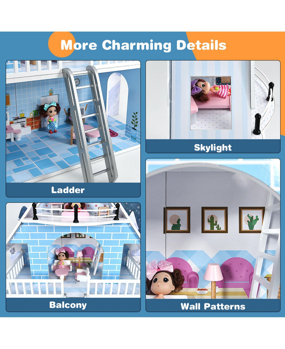 Gymax Wooden Dollhouse 3-Story Pretend Playset W/ Furniture & Doll Gift for Age 3+ Year - Blue+white