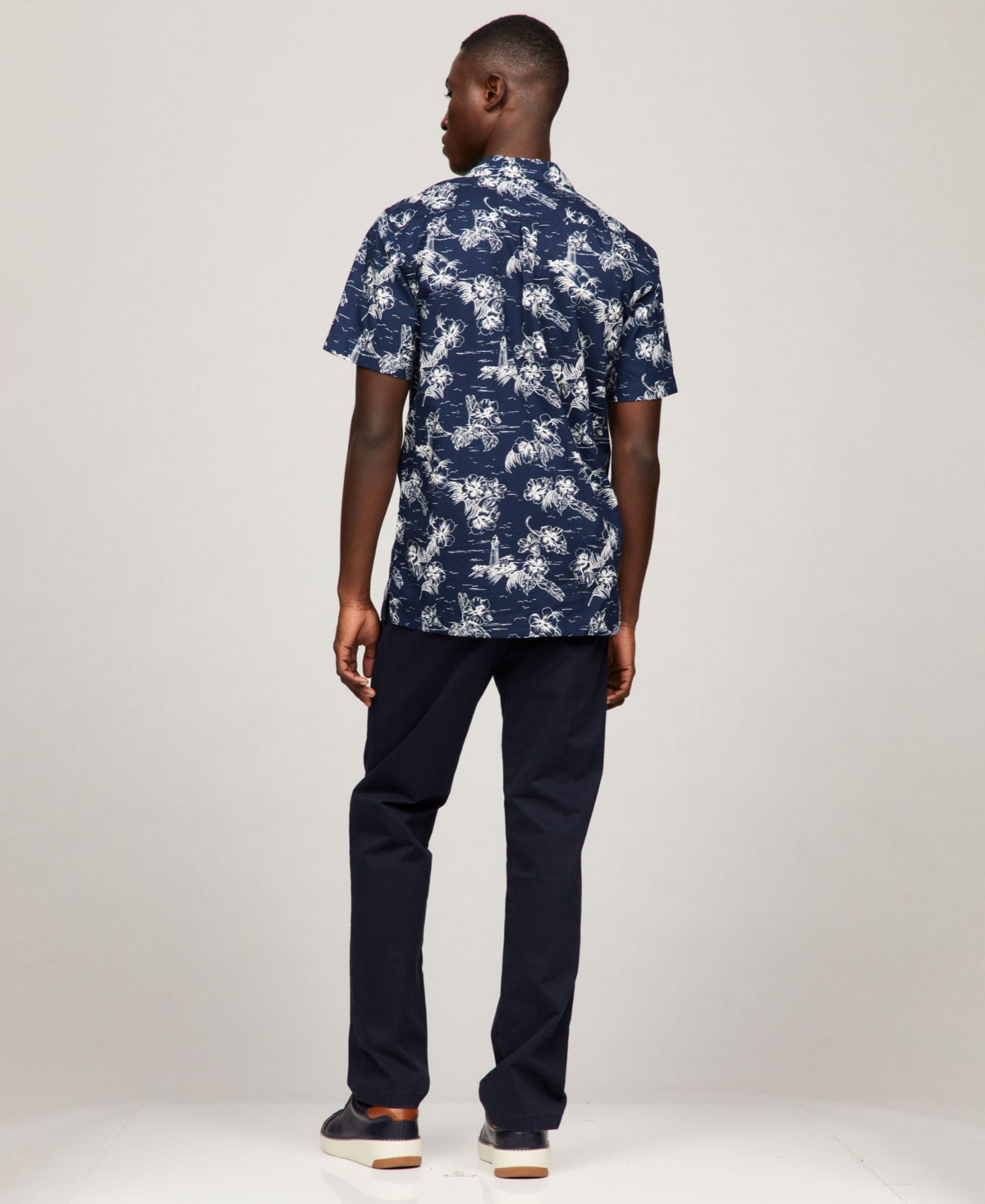 Shop Tommy Hilfiger Men's Printed Short Sleeve Flex Poplin Shirt In Night Sky,allover