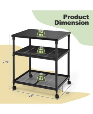 3 Tier Printer Stand Rolling Fax Cart with Adjustable Shelf and Swivel Wheels