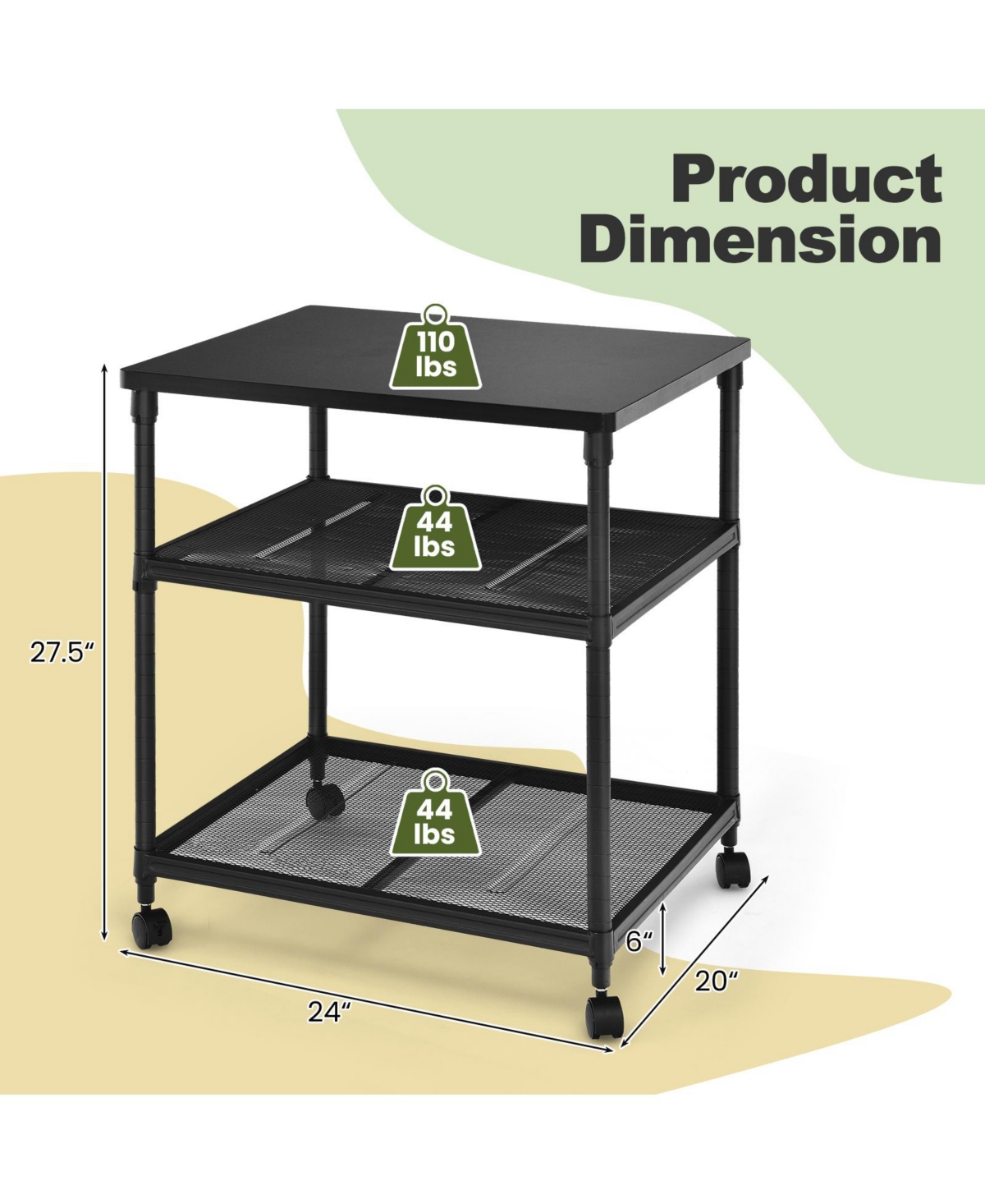 Gouun 3 Tier Printer Stand Rolling Fax Cart with Adjustable Shelf and Swivel Wheels