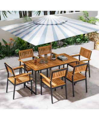 Acacia Wood Dining Table for 6 People with Slatted Tabletop and Umbrella Hole