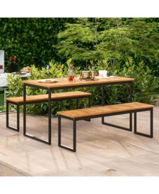 Patio Dining Bench Backless with Slatted Seat and Metal Legs