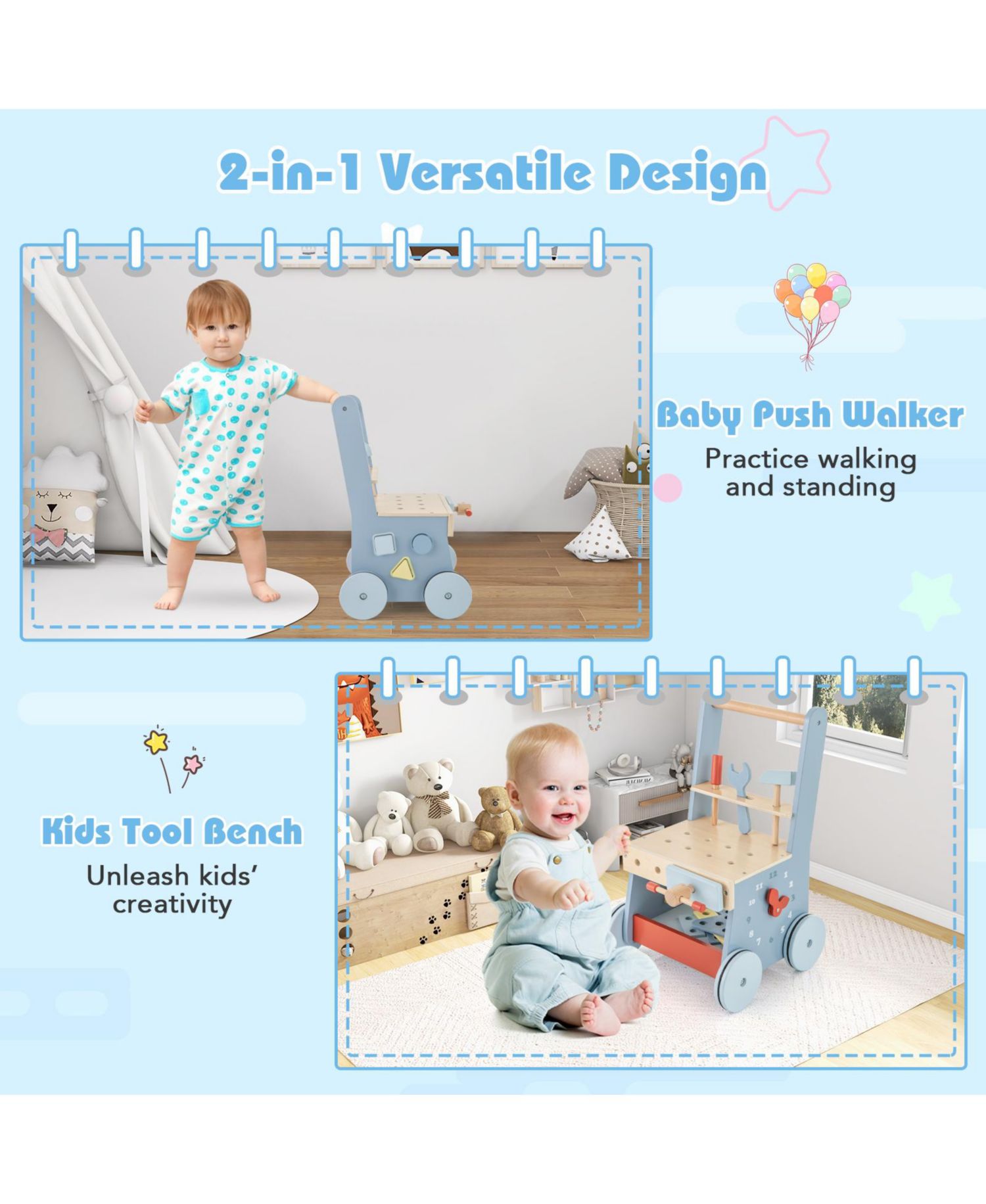 2-in-1 Wooden Toddler Push Walker