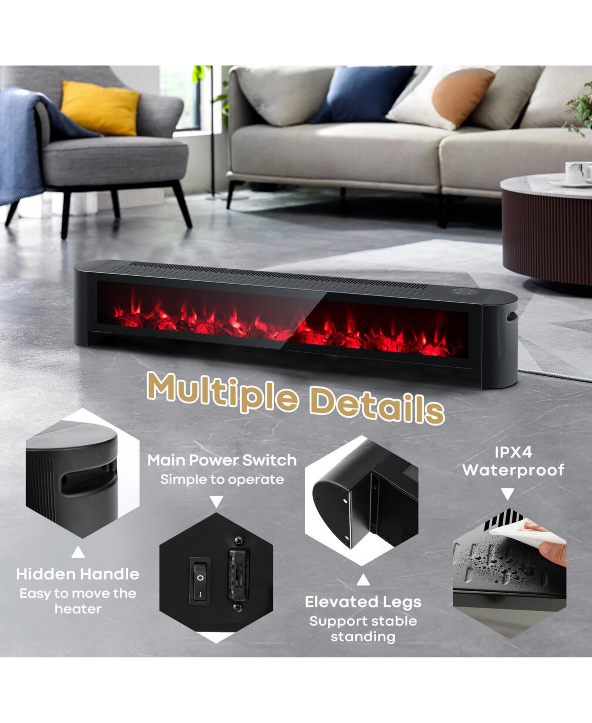 Gouun 1400W Electric Baseboard Heater with Realistic Flame