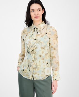 Anne Klein - Women's Floral-Print Tie-Neck Blouse