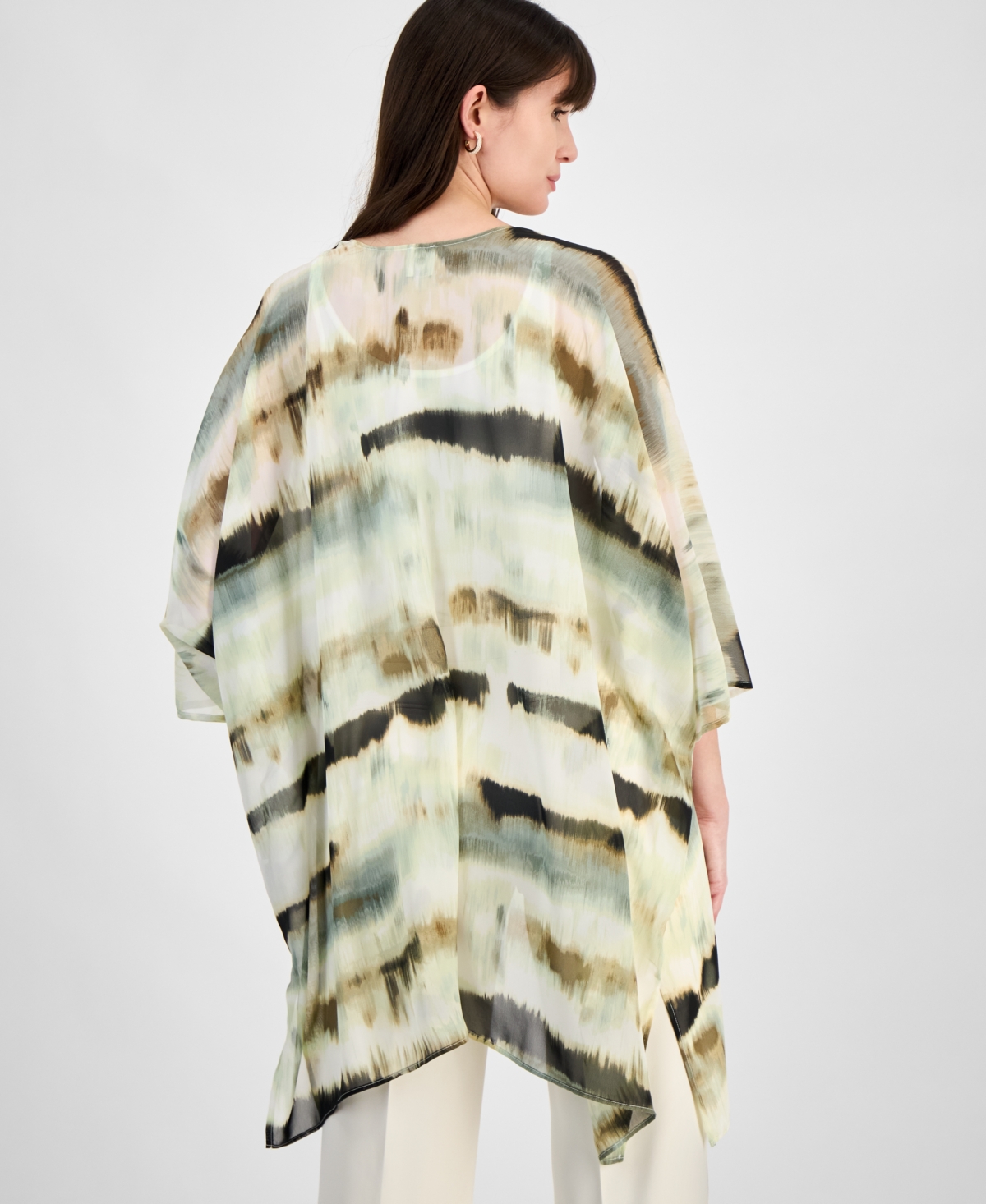 Anne Klein Printed Open-front Chiffon Kimono In White Dove Multi