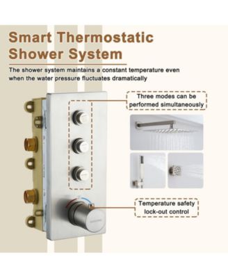 Wall Mount Thermostatic Shower System with 3 Functions and Body Jets