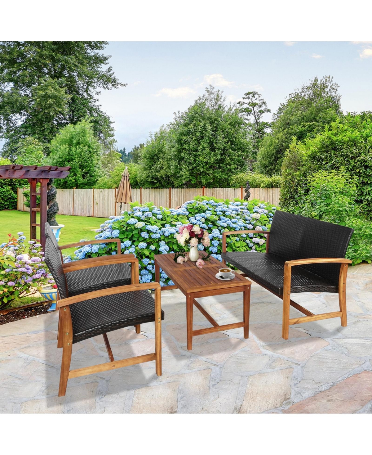 4 Pieces Pe Rattan Patio Furniture Set with Solid Acacia Wood