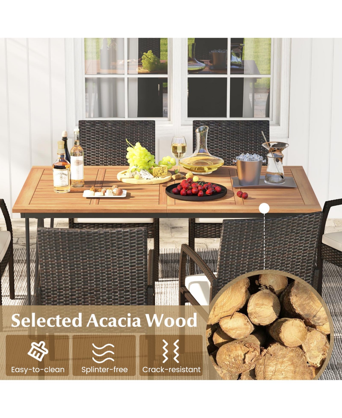 Gouun 7 Pieces Patio Dining Set with Acacia Wood Dining Table for Porch Backyard Garden Poolside
