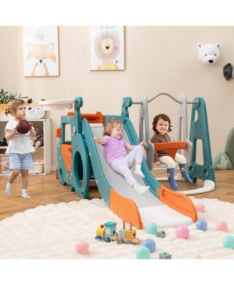 5-in-1 Kids Slide and Swing Set with Mini Bus and Basketball Hoop