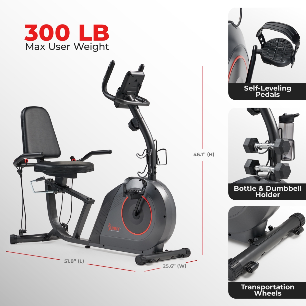 Sunny Health & Fitness Smart Corezy Recumbent Bike + Resistance Bands, 300LB w Free SunnyFit App Via Bluetooth - Sf-RB424006