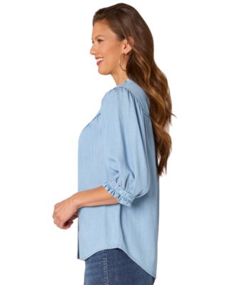 Petite Crochet-Trim Chambray Button-Front Shirt