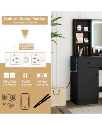 Black Vanity Desk with LED Lighted Mirror & Power Outlet, Makeup Vanity with Drawers & Cabinet & Chair