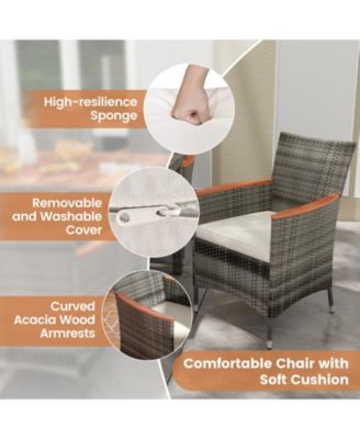 7 Pieces Patio Acacia Wood Cushioned PE Rattan Wicker Dining Set