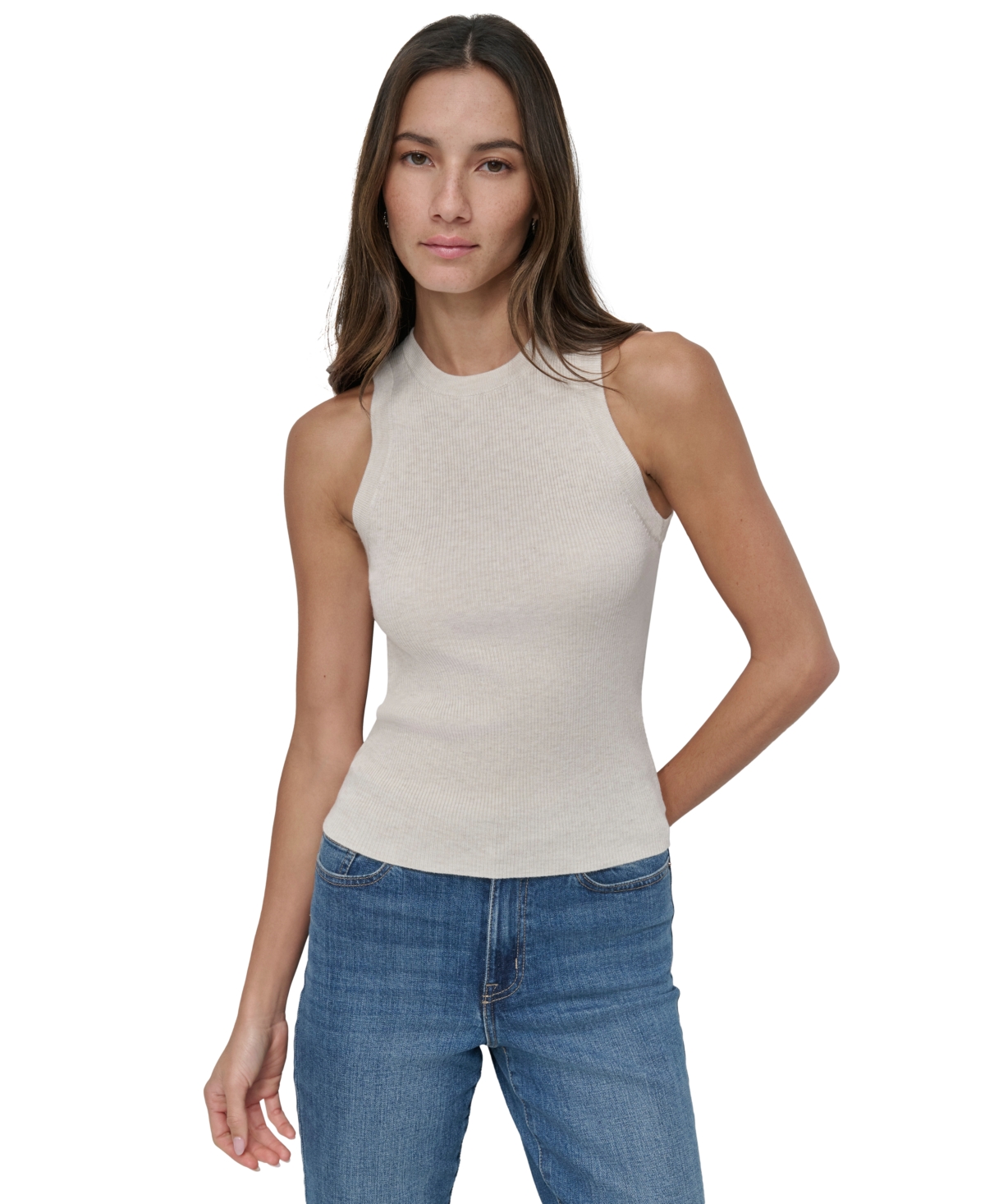 Shop Dkny Jeans Women's Ribbed Sleeveless Crew Neck Sweater In 9c6 - Cortdo Htr