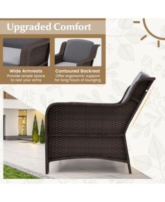 3 Pieces Outdoor Rattan Furniture Set with Cushions and Tempered Glass Table