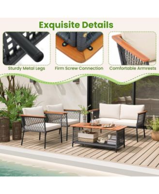 4 Piece Patio Rattan Furniture Set with 2-Tier Table