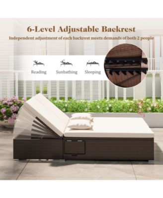 Patio Double Chaise Lounge with Cushions and Folding Side Trays