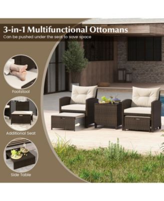 5 Pieces Patio Rattan Furniture with 2 Ottomans and Tempered Glass Table