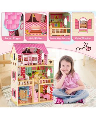 Kids Wooden Dollhouse Toddler DIY Pretend Playhouse w/ 15 Furniture Accessories