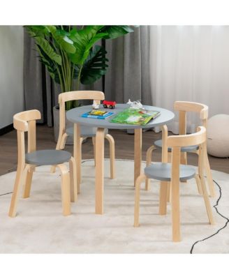 5-Piece Kids Wooden Curved Back Activity Table and Chair Set withToy Bricks