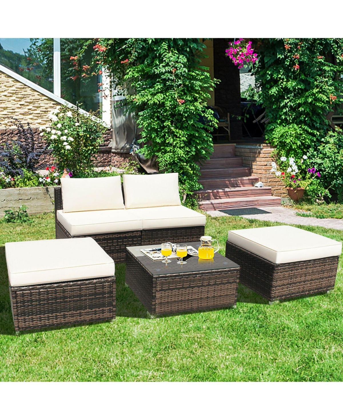 Gouun 5 Pieces Patio Rattan Furniture Set with Cushioned Armless Sofa