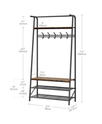 Coat Rack Shoe Bench, 4-in-1 Hall Trees Entryway Bench with Coat Rack and Shoe Rack, Wood Look Accent Furniture with Steel Frame Storage Shelf and Hanging Bar, Industrial