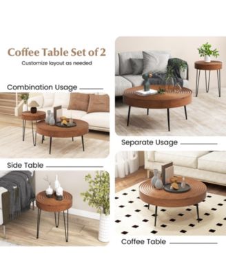 Set of 2 Solid Wood Ring Pattern Farmhouse Round Tables