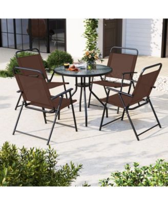 6 Pieces Patio Dining Set Folding Chairs Glass Table Tilt Umbrella for Garden