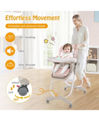 Kids Multifunctional Folding High Chair with Rolling Wheels and Adjustable Height