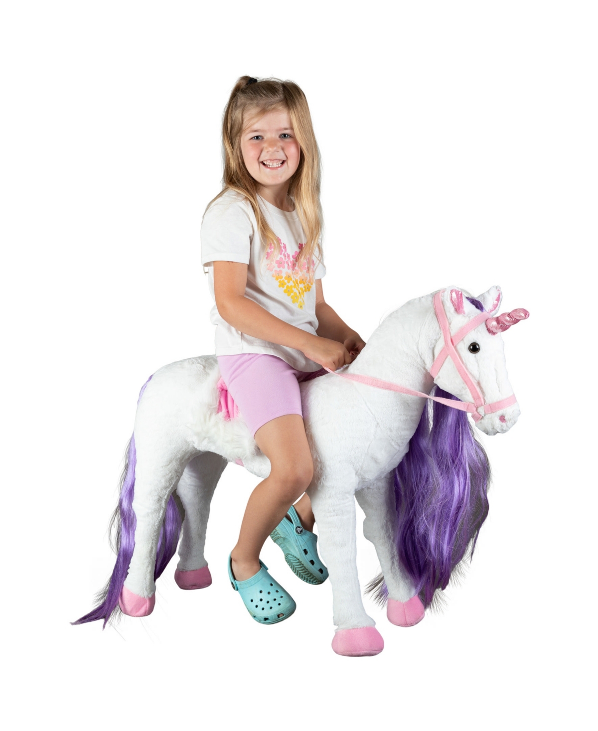 Trademark Global Happy Trails Ride On Horse Unicorn Plush Toy In White,pink,and Purple