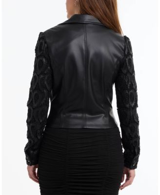 Women's Leather Embroidered Sleeve Moto Jacket
