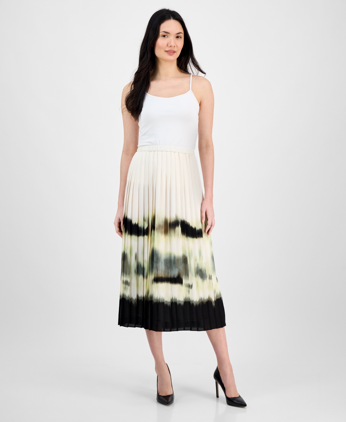 Shop Anne Klein Women's Pleated Pull-on Midi Skirt In White Dove Multi
