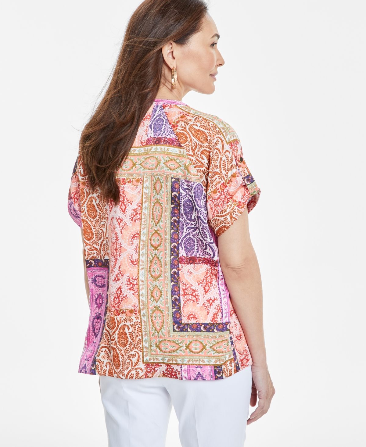 Jm Collection Women's Printed Satin Short-Sleeve Top, Exclusively at Macy's