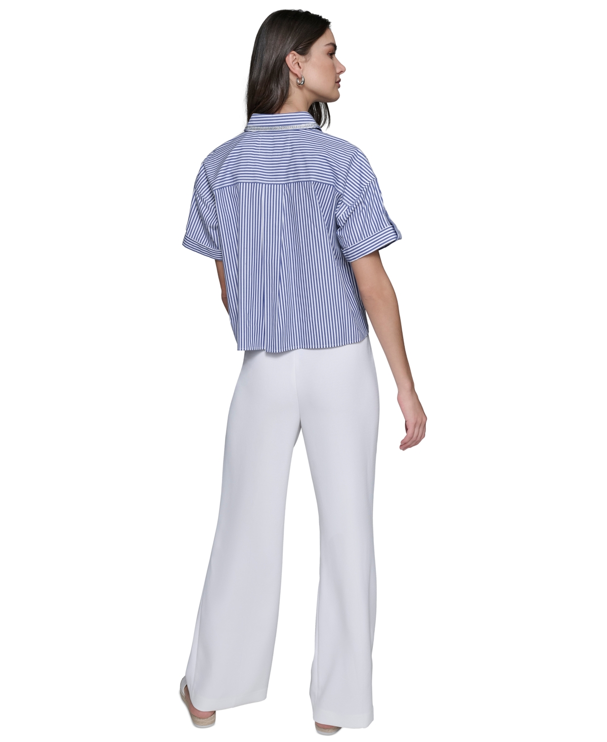Karl Lagerfeld Paris Women's Embellished Poplin Striped Button-Front Top, Regular & Petite - Blue  White