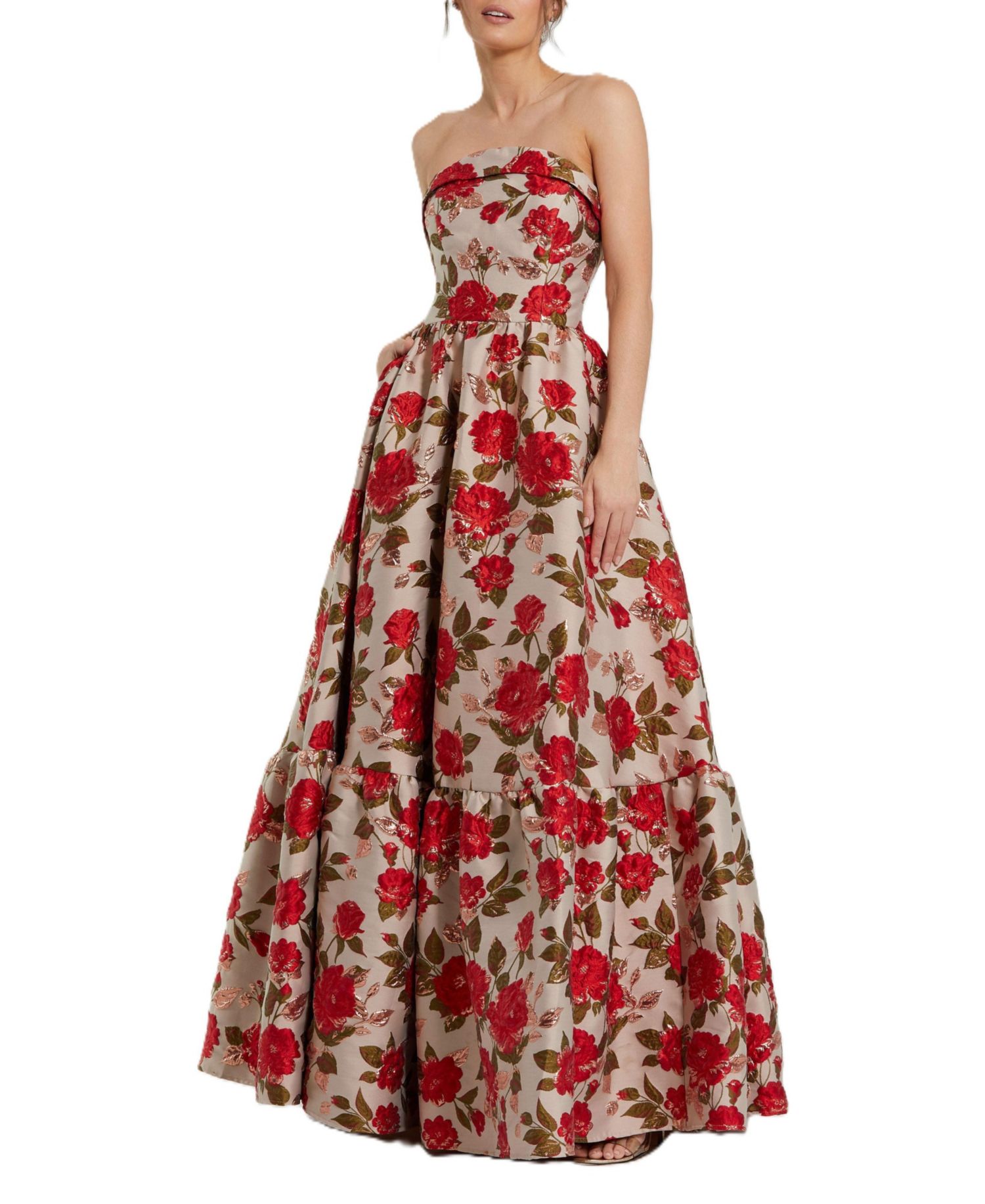 Women's Brocade Strapless Floral Gown With Ruffle Hem