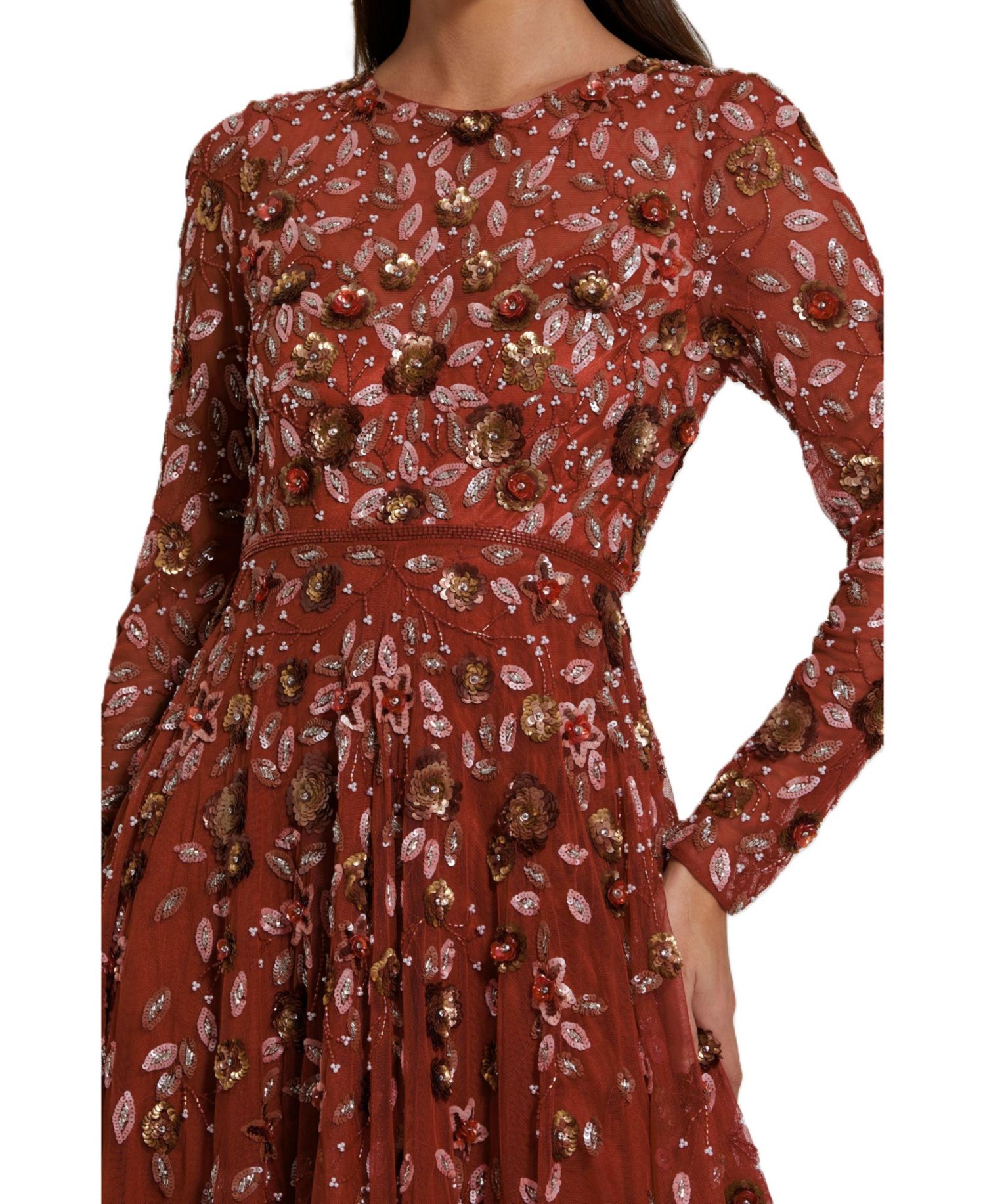 Women's Embellished High Neck Long Sleeve A Line Gown