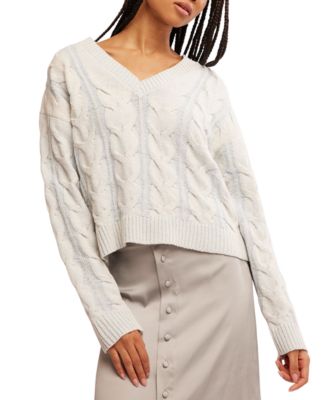 Free People - Women's Washed Cable-Knit V-Neck Sweater