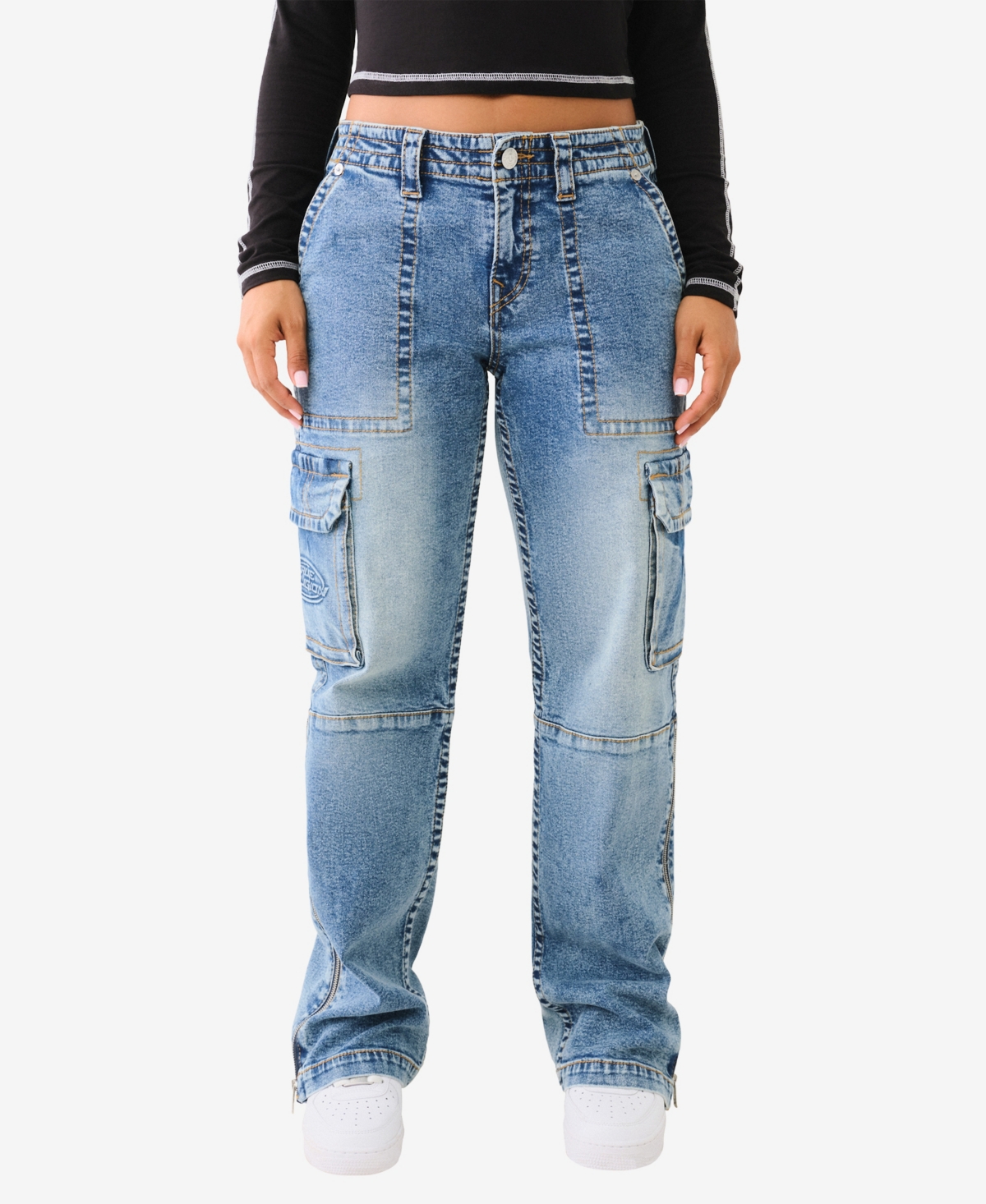 TRUE RELIGION WOMEN'S SIDE ZIP CARGO BIG T JEANS 