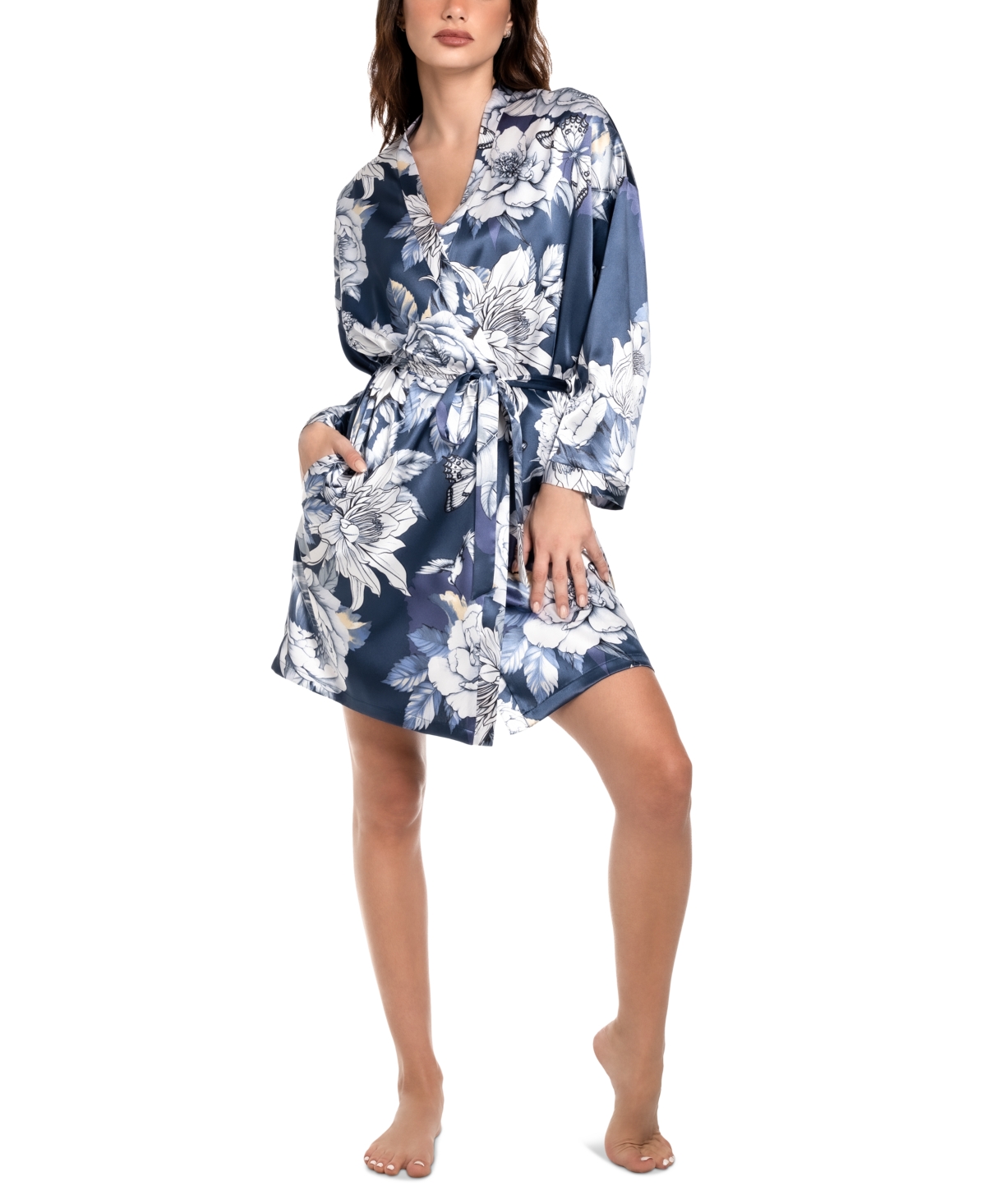 Women's Flying Garden Satin Wrap Robe - Navy Floral